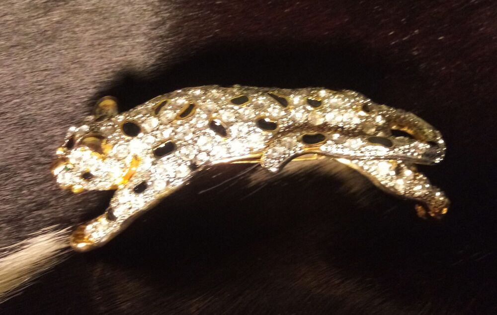 HUGE Sparkling Bejeweled Gold Leopard Brooch